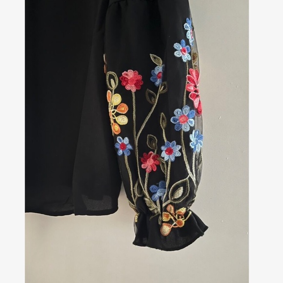 Black Boho Blouse Long Sleeve Floral Embroidery Neck Ties - Picture 9 of 10